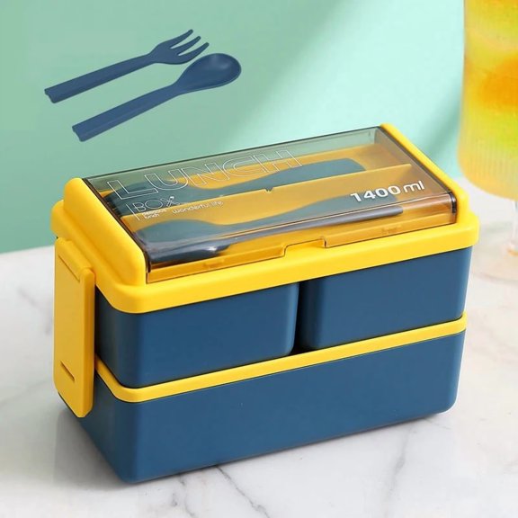 Double Layer Bento Lunch Box Stackable Meal Prep Container Set with Fork Spoon 1400ml Large Capacity Microwavable Leakproof Food Storage Box for Office School