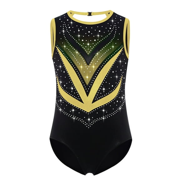 Nyeemya Kids Girls Sleeveless Sparkle Rhinestone Gymnastics Leotard Ballet Dance Unitard Biketard Gold 8