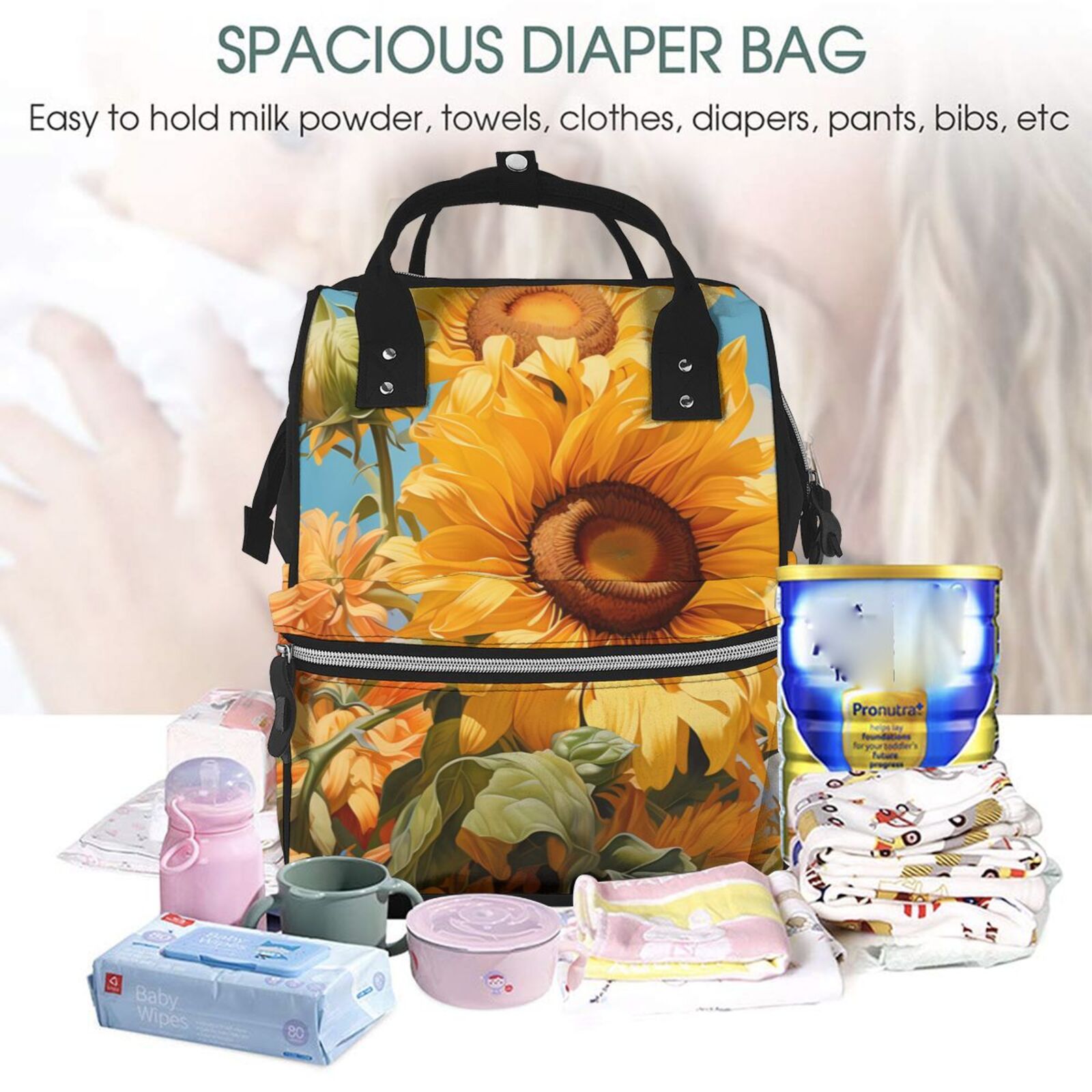 Fuzoiu Sunflower Blue Sky Print Diaper Bag Backpack,Baby Essentials Travel Tote,Multi function Waterproof Diaper Bag, Travel Essentials Baby Bag - Unisex