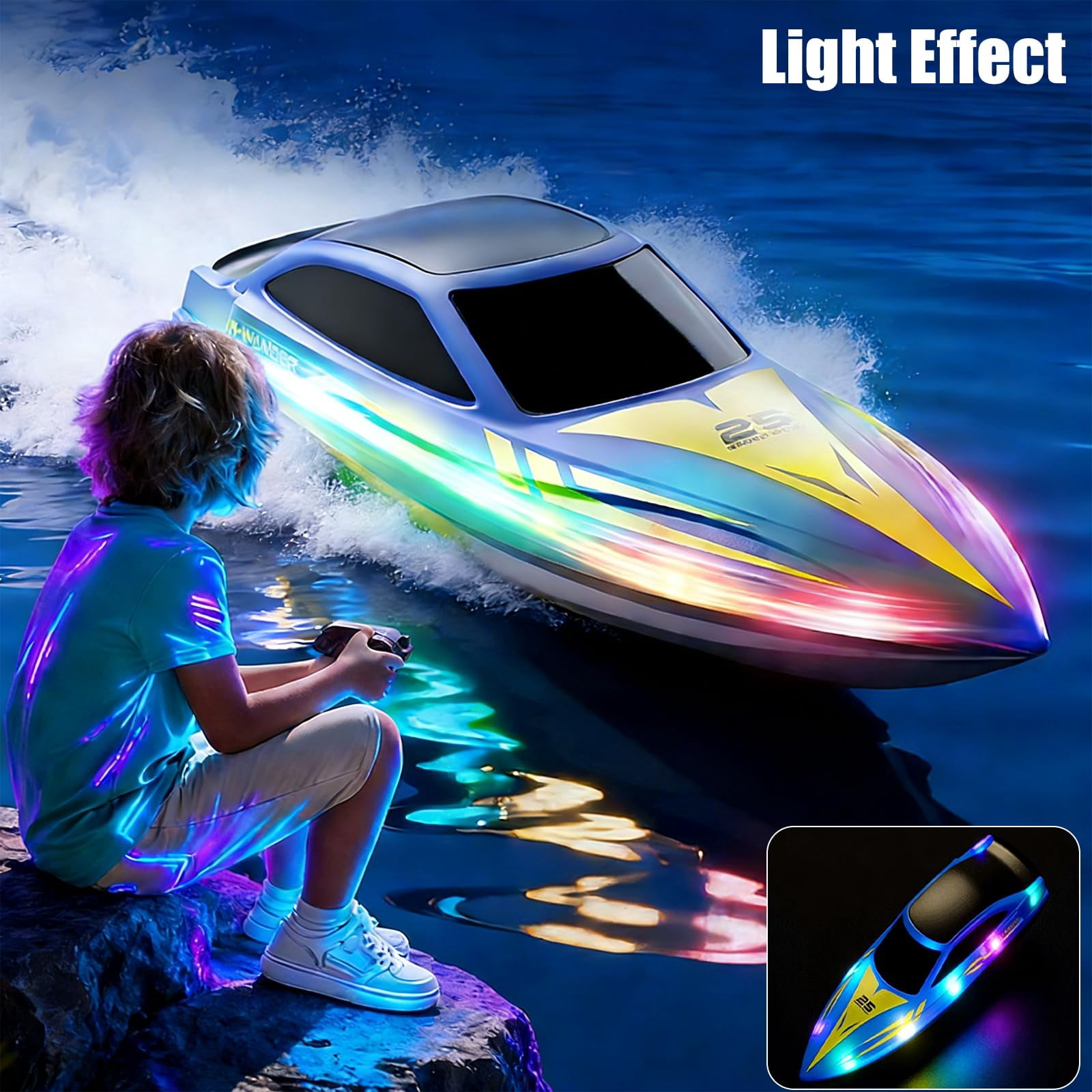 B-Qtech RC Boat for Pools & Lakes, 2.4GHz High Speed RC Boat with LED Lights, Self Righting, 50-120 Min Run Time, Summer Water Toy for Kids Adults