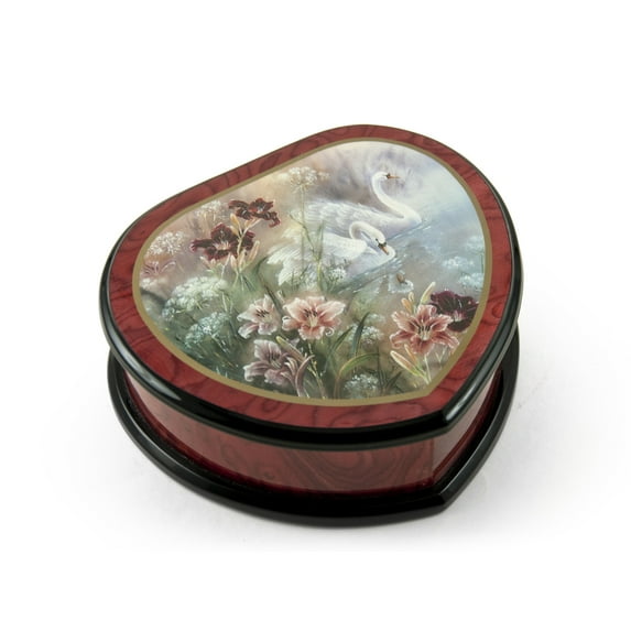 Elegant Heart Shape Painted Ercolano Music Jewelry Box Titled - Swan and Daylilies by Lena Liu - Ode to Joy (9th SymphonyHymm European)