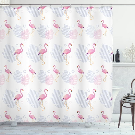Ambesonne Hawaiian Shower Curtain, Flamingos and Leaves Art, 69"Wx84"L, White Pastel Purple and Pink