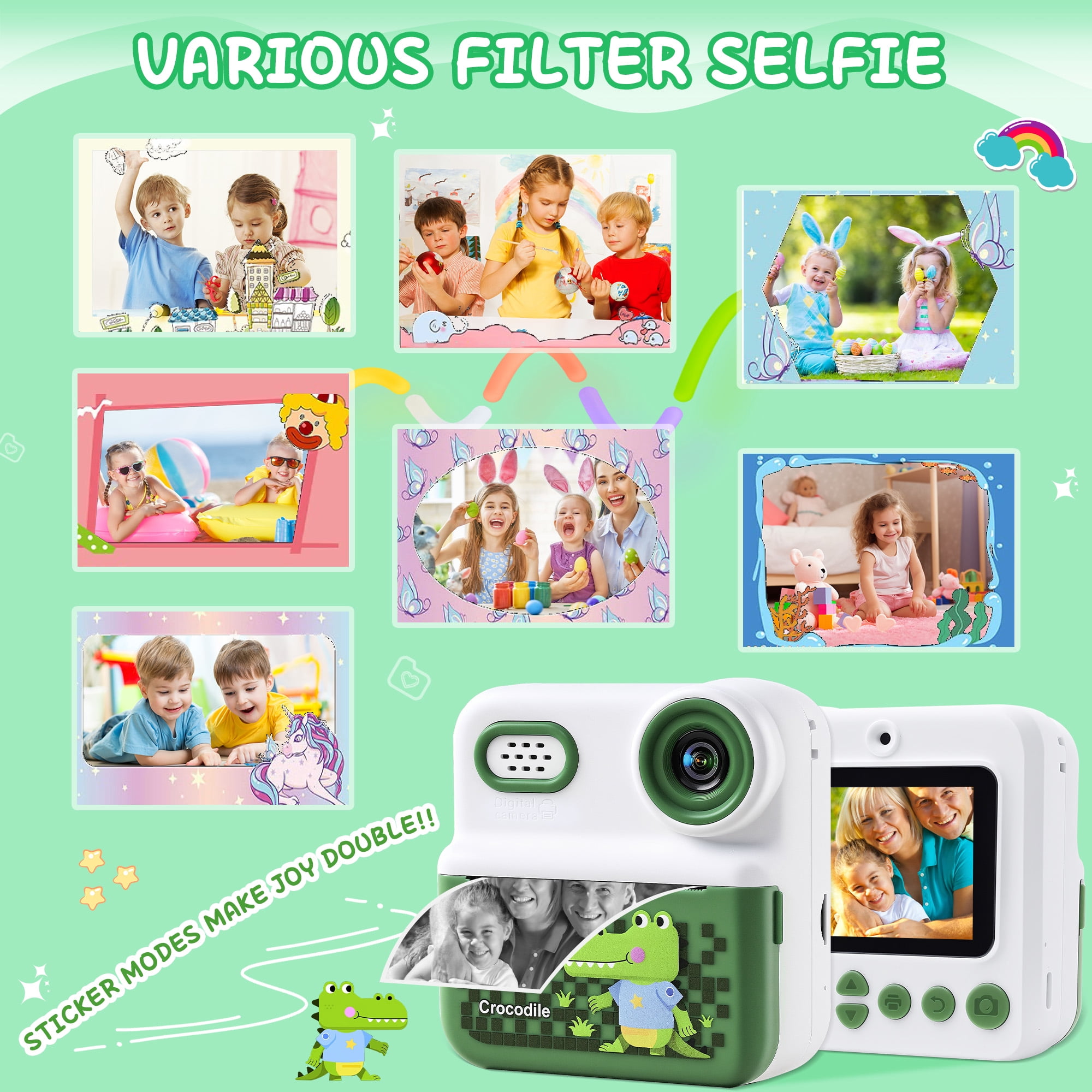 ALLJOY Instant Print Kids Camera with 64GB SD Card 1080P HD Digital Video Camera Toy for Toddler Kids, Christmas Birthday Gift for Girls Ages 3-12,  Green