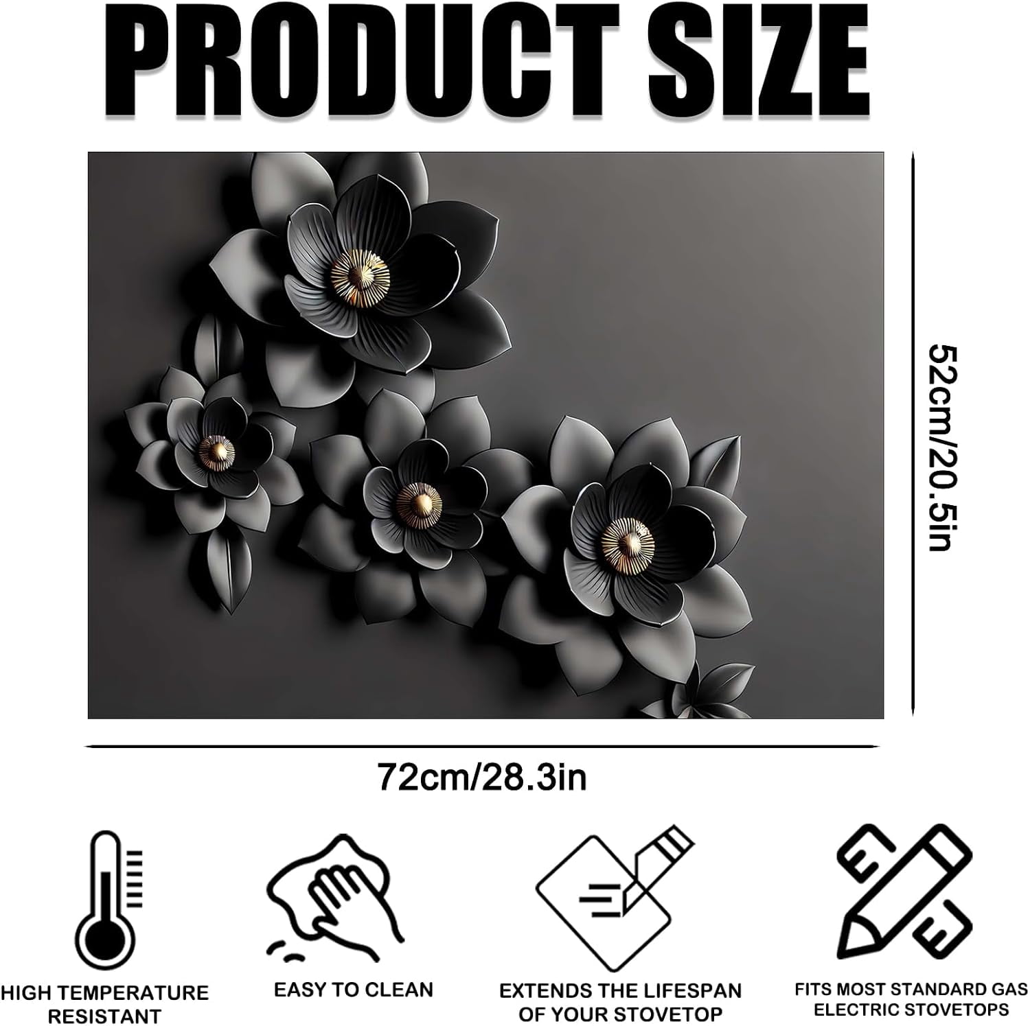 Stove Top Cover Polyester & Diatom Mud Blend 28.35×20.47inches (Black Gray Floral 3D-Look Design) Stove Top Cover for Kitchen, Ideal for Minimalist Decor, Cooking Areas, Home Styling