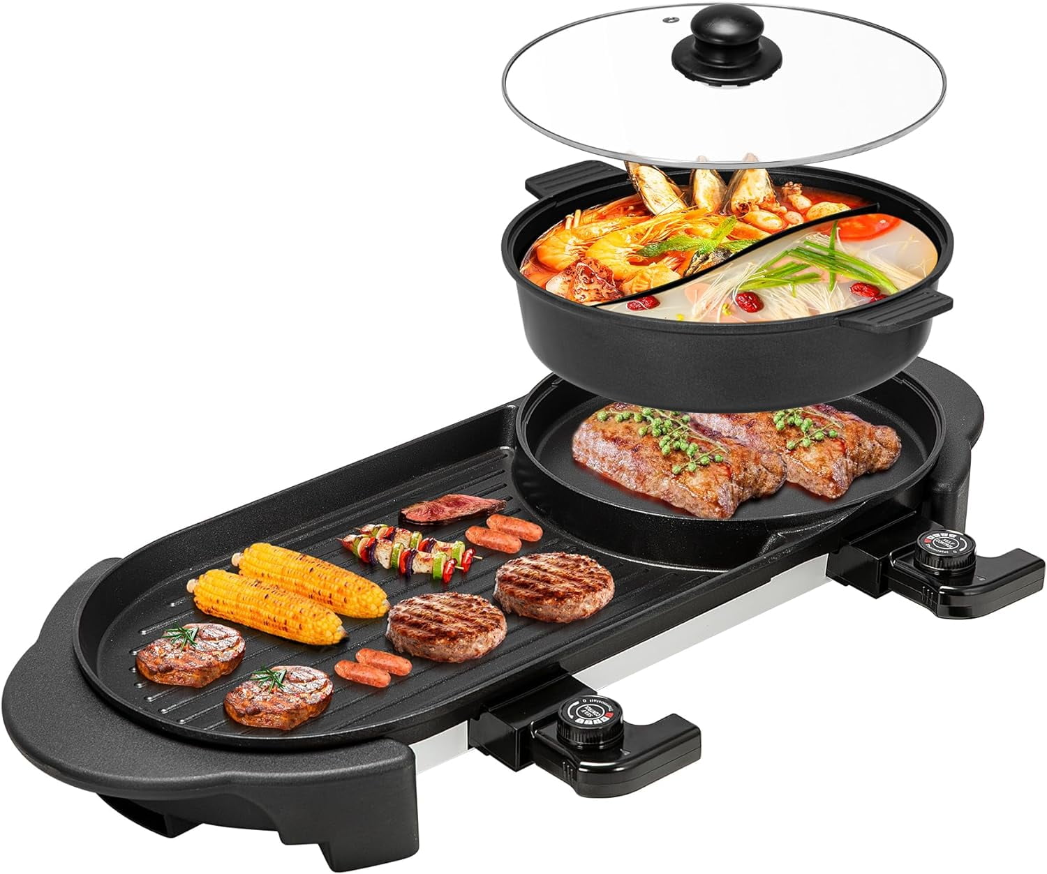 SPECSTAR 2 in 1 Electric Hot Pot and Grill , 2000W Hot Pot Grill with Separate Structure, Non-Stick Smokeless BBQ Pan, Separate Temperature Control with 5 Speed
