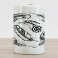 thumbnail image 2 of Feather Ceramic Toothbrush Holder, Black Feathers with Prehistoric Tribal Geometrical Motifs Arranged in a Circle, Decorative Versatile Countertop for Bathroom, 4.5" X 2.7", White and Black, 2 of 4