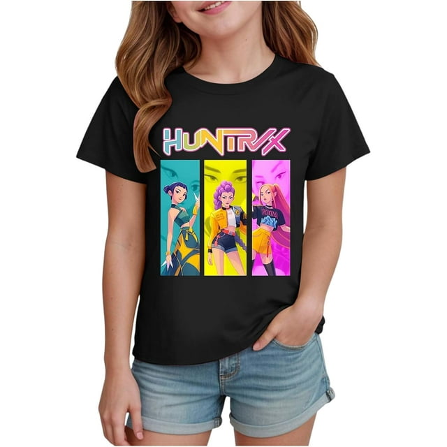 K pop Demon Chandail pour Filles, T-Shirt Graphique Mignon avec Dessin Animé, T-Shirt Tendance et Drôle, Chandail pour Enfants, Hauts Roses, Manches Courtes, Col Ras du Cou