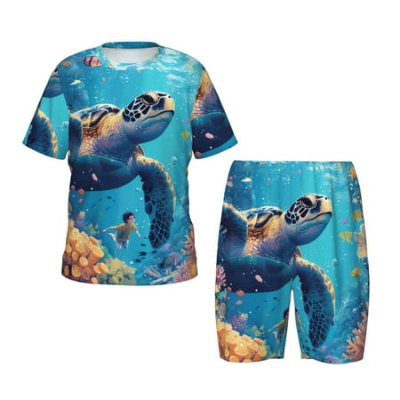 Luyuia Colorful Underwater Plant Turtle Print Girls  2-Piece Tie-Dye Pajama Set  Cute Summer Loungewear with Shirt and Tank Shorts Nightwear-3X-Large