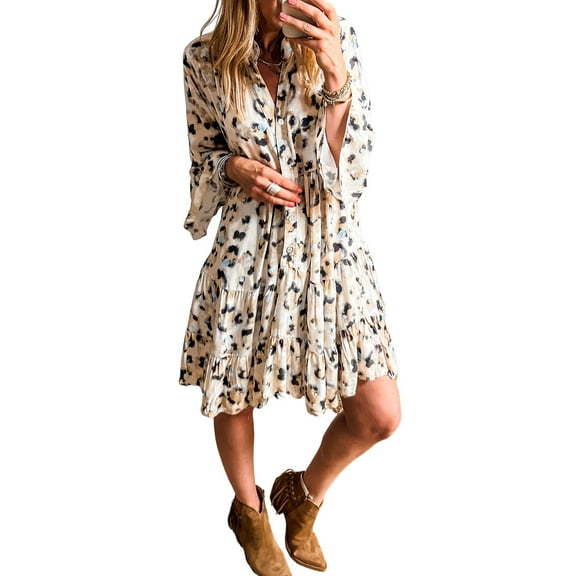 Women's Khaki Leopard Print 3/4 Sleeve Mini Dress with Tiered Ruffled Hem | [ZhiHiMeRi] | (US 20-22)2XL