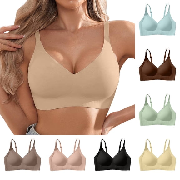 IQOGKRN Women Seamless Wireless V Neck Everyday Bra Stretch Soft Padded Bralette Anti-Slip Strap Anti-Sagging Support Lingerie Beige L