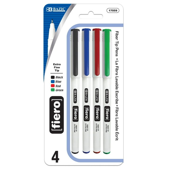 BAZIC Fiero Assorted Color Fiber Tip Fineliner Pen, 0.4mm (4/Pack), 1-Pack
