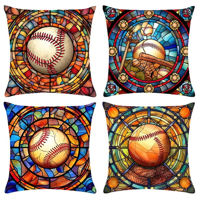 4 Uds. Fundas Almohada Decorativas Lino Con Béisbol Vidrieras 45x45cm