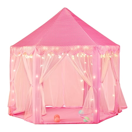 Wilwolfer Princess Castle Kids Indoor Play Tent, Pink Hexagon Fabric Playhouse with Star Lights, Large with Carrying Bag KP-GZ-001-W