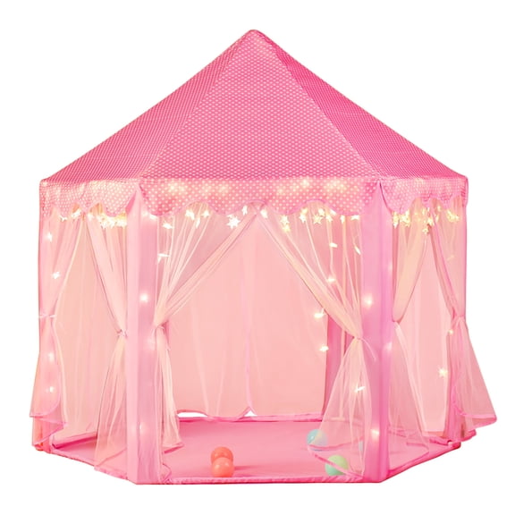 Wilwolfer Princess Castle Kids Indoor Play Tent, Pink Hexagon Fabric Playhouse with Star Lights, Large with Carrying Bag KP-GZ-001-W