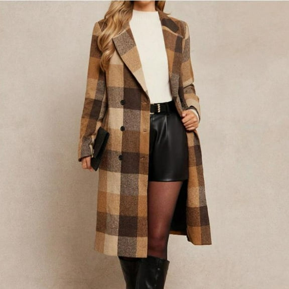 Guzom Womens Brown Plaid Wool Blend Coat - Long Length Double-Breasted Notched Lapel, Warm Tailored Fit for Fall Winter,Size L