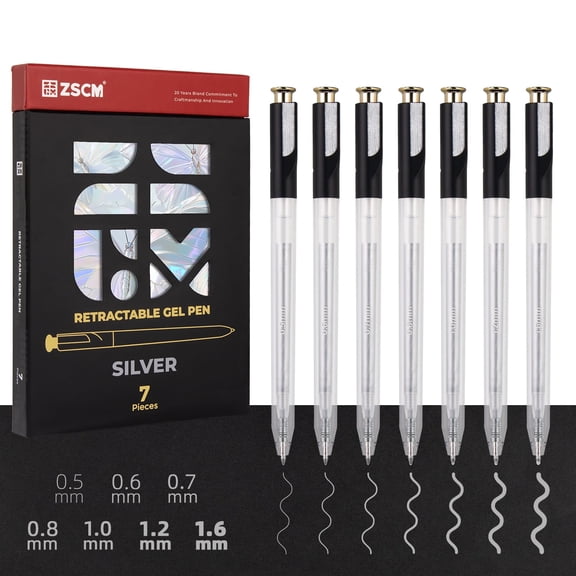 Retractable Silver Gel Pen, 7 Nib Sizes - Precision Large Capacity Opaque Silver Archival Gel Ink Pens for Black Paper Note Taking Art Supplies