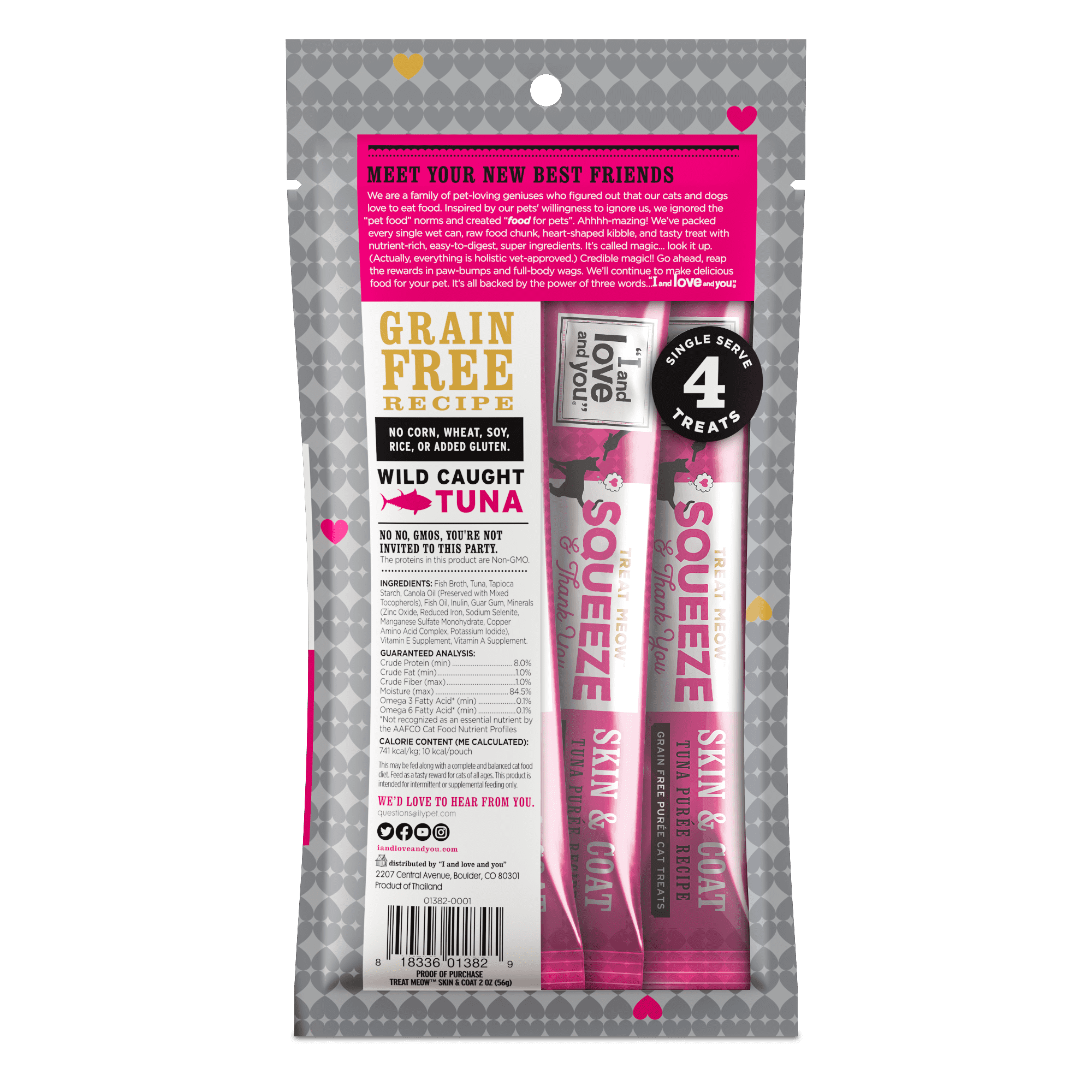 (12 pack) "I and love and you" Treat Meow Squeeze & Thank You, Skin & Coat Support, Cat Treat, 4 Ct.