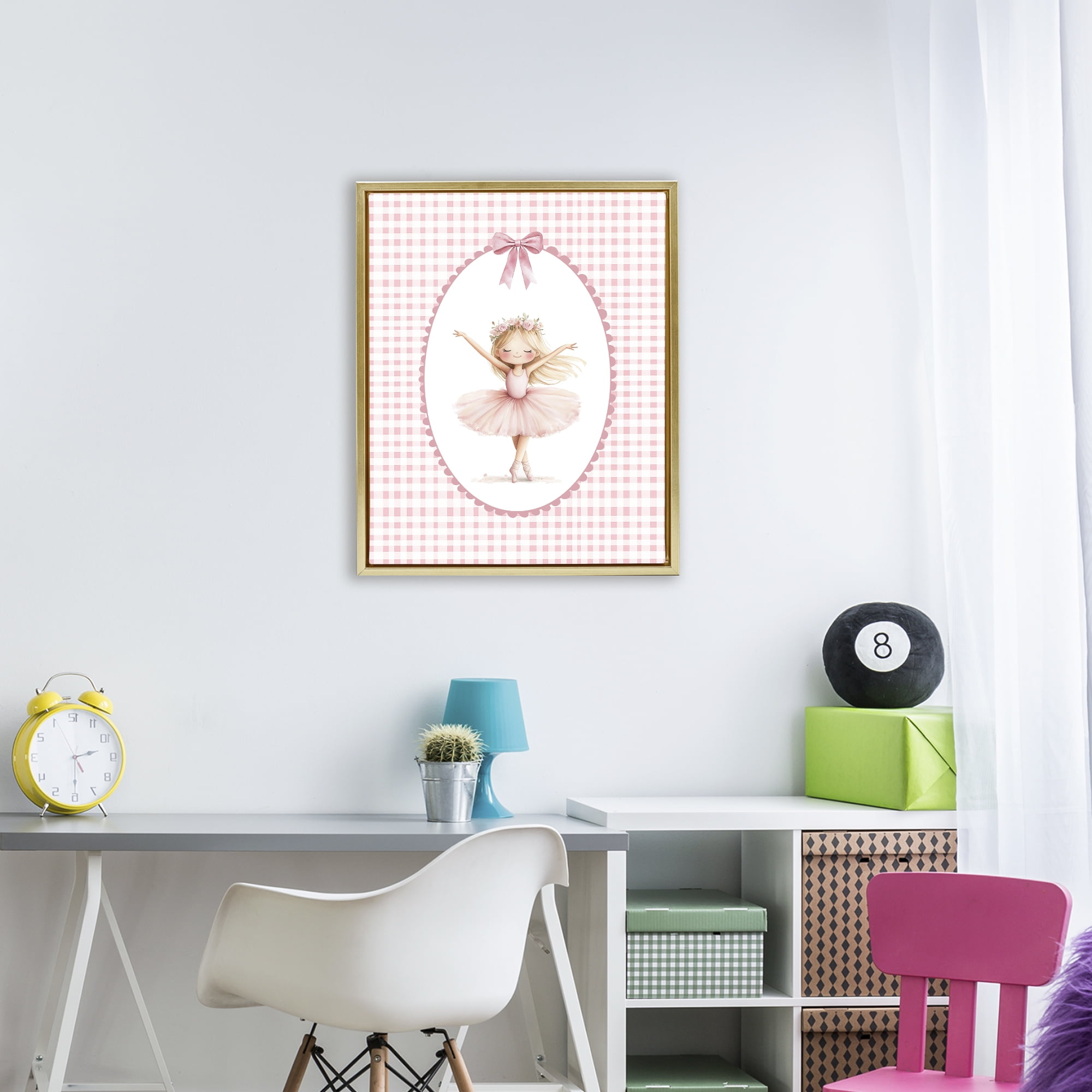 Ballerina on Pink Checkered Gold Framed Floater Canvas Wall Art, design by Christine Simpson Art
