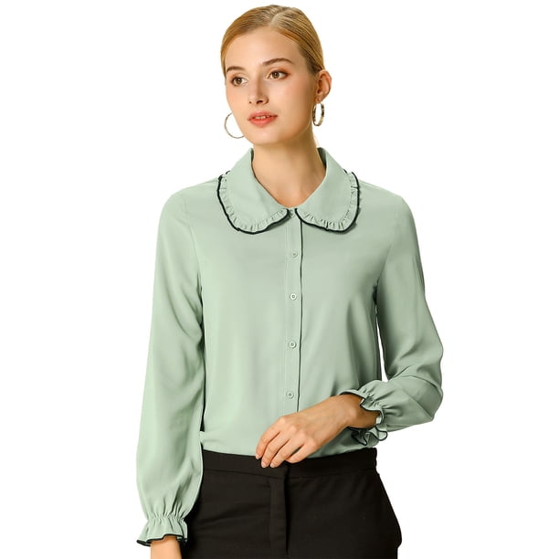 Blusa De Manga Larga Con Cuello Peter Pan Y Volantes Para Mujer Allegra K Verde XS