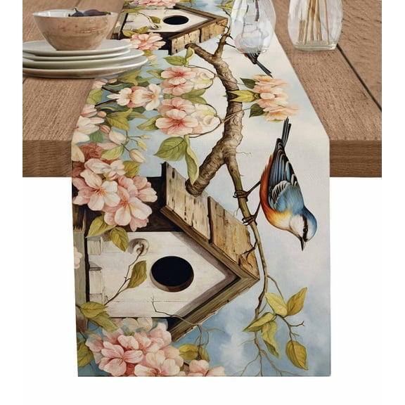Farmhouse Birdhouse, Table Runner Vintage Spring Flower Plant Leaves Tablerunners 13 x 108 Inch, Table Decorations Tabletop Scarf for Summer Gathering Holiday Farmhouse Kitchen Dining Decor