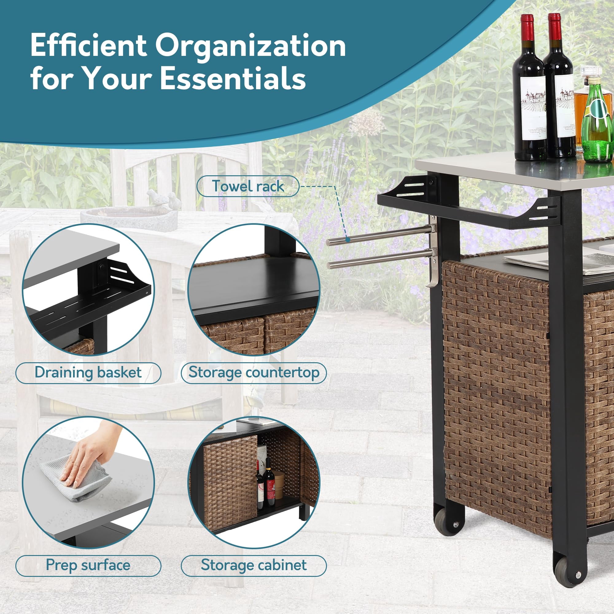 Homefun Outdoor Large Kitchen Rolling Cart Storage Wicker Island Cabinet Wheels Stainless Steel Extended Table Top bar