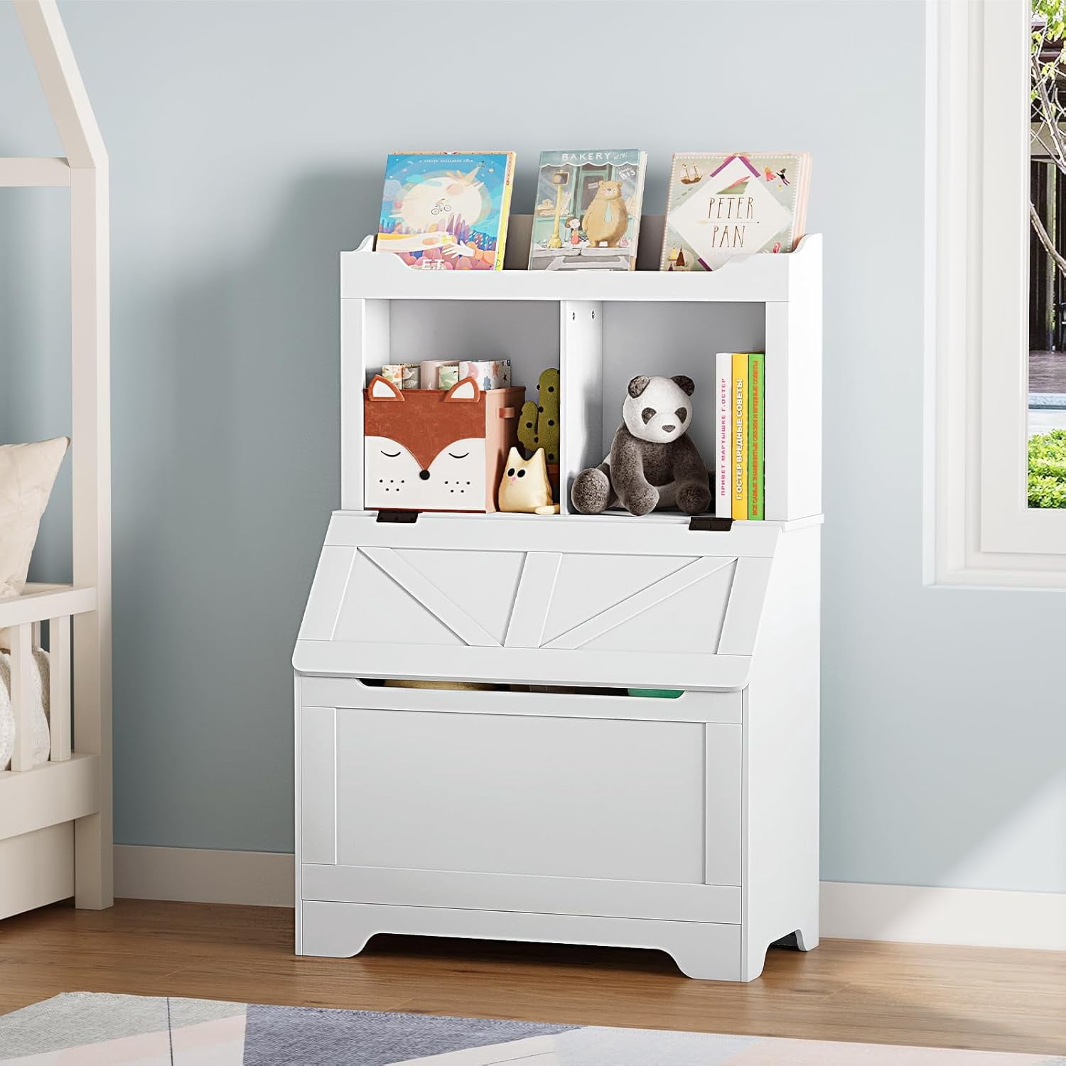 Kids Toy Storage Organizer with Flip-Top Lid & 2-Tier Bookshelf, Wooden Toy Chest and Bookcase for Playroom, Bedroom, Nursery, White