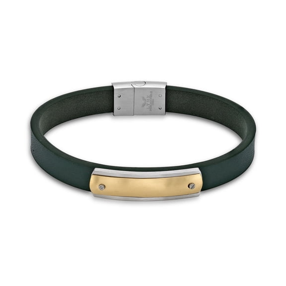 Metro Jewelry Genuine Green Leather and Gold Ion Plated Stainless Steel ID Bracelet