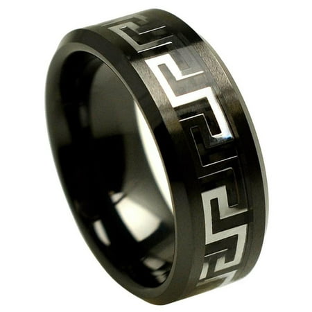 8 Mm Blank Guns (8mm Ceramic with Gun Metal Greek Key Over Black Carbon Fiber Inlay Wedding Band Ring For Men Or)