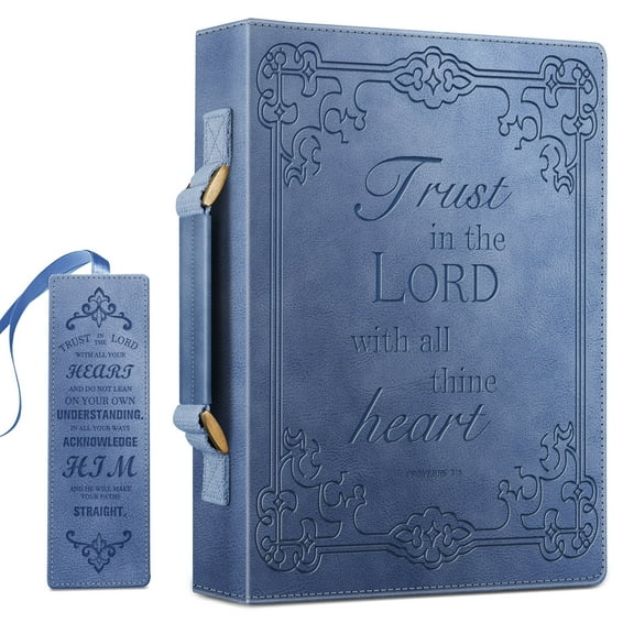 Classic Bible Cover, FINPAC Extra Large PU Leather Carrying Book Case Church Bag Bible Protective with Handle, Perfect Gift for Men, Women, Father, Mother, Friends [Trust in The Lord], Blue