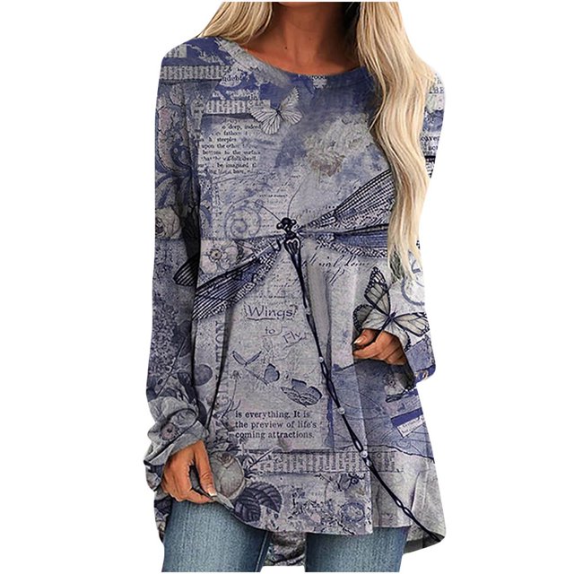 Long Sleeve Shirts for Women Dressy Casual Crew Neck Hem Flowy Tops Color Block Geometry Printed Oversized Loose Tunic Shirts Graphic Tees for Spring Fall #B06-Orange S