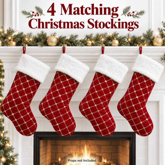 Christmas Stockings Set of 4, 18-Inch Red Stockings with Gold Sequin Diamond Pattern, White Plush Cuffs, Holiday Fireplace Mantel Decor & Gift Holders