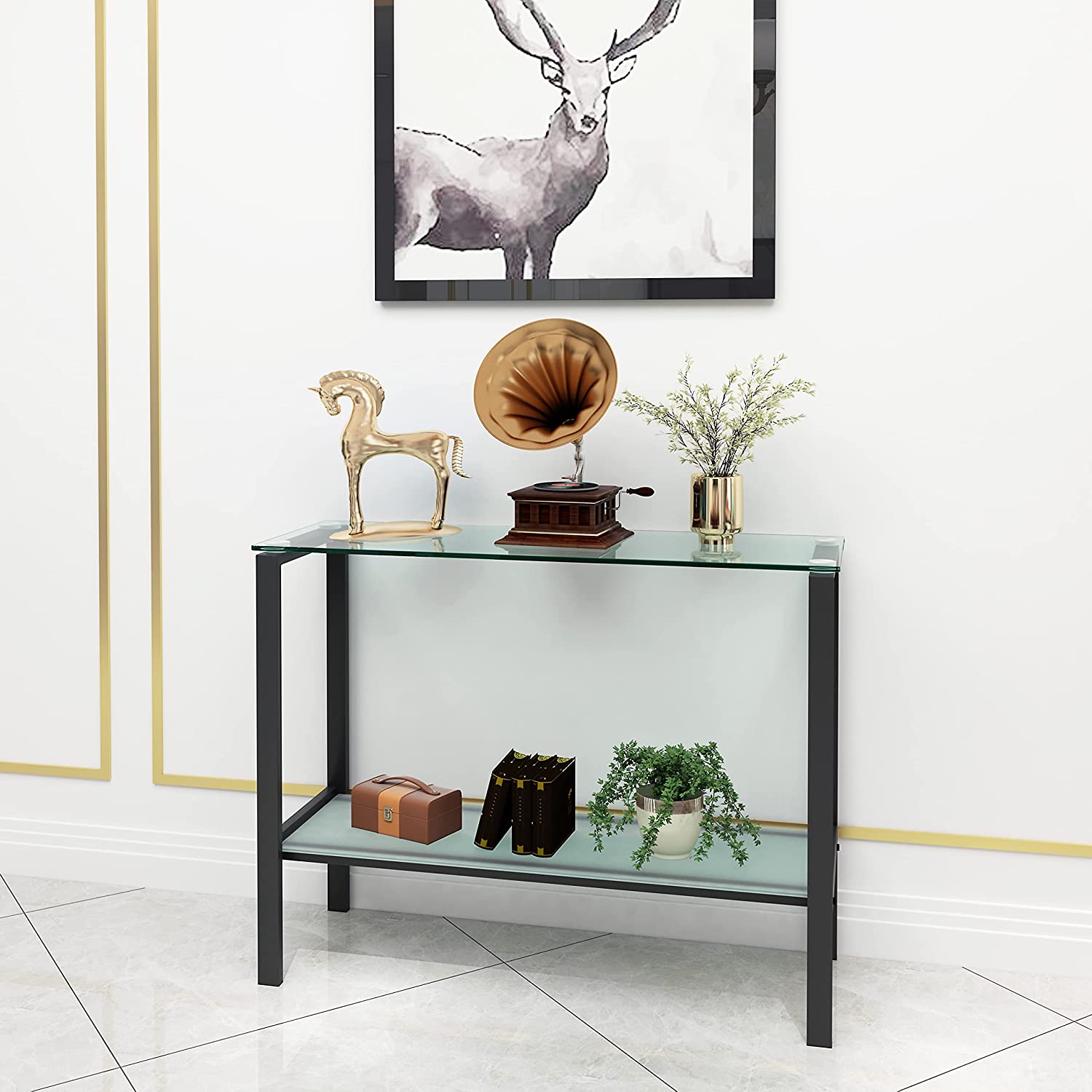 39.37" Console Table with 2 Shelves,Tempered Glass Sofa Table, Modern Entryway Table with Metal Frame for Hallway Living Room Bedroom, Easy Assembly, Black