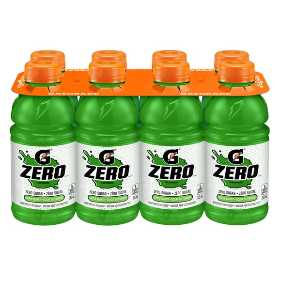Gatorade Zero Apple Burst Sport Drink 8 x 355 mL, Bottles, With zero grams of sugar per bottle, Gatorade Zero has been developed to help athletes rehydrate & replenish fluids that are lost in sweat