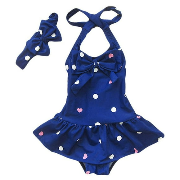 Jastore Baby Girls Swimwear One Piece Swimsuits Beach Wear with Headband (4-5T, Blue)