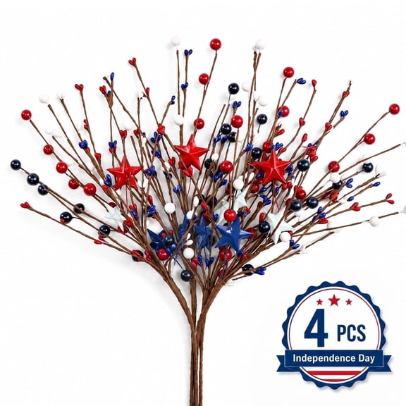4th of July Decorations 4-Pack - Patriotic Red White and Blue Berry Stems with Stars, Artificial Floral Picks for Vase Centerpieces Home Decor