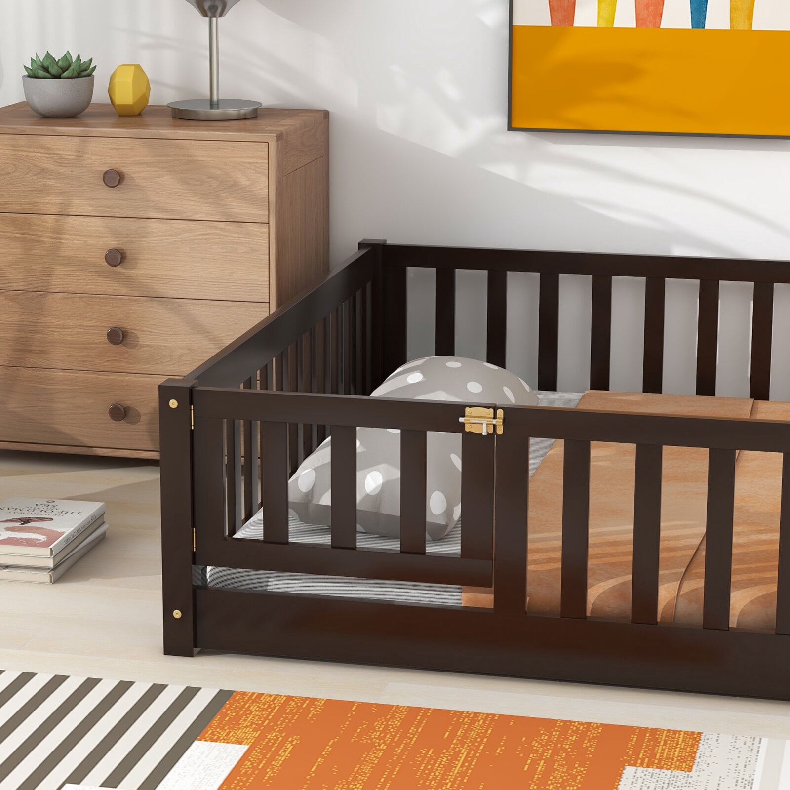 Full Size Floor Bed for Kids, Wood Platform Bed with Fence and Door, Montessori Bed Frame with Slats Support, Playhouse Bed with Door Design, for Toddler, Boys,Girls,No Box Spring Needed,Espresso