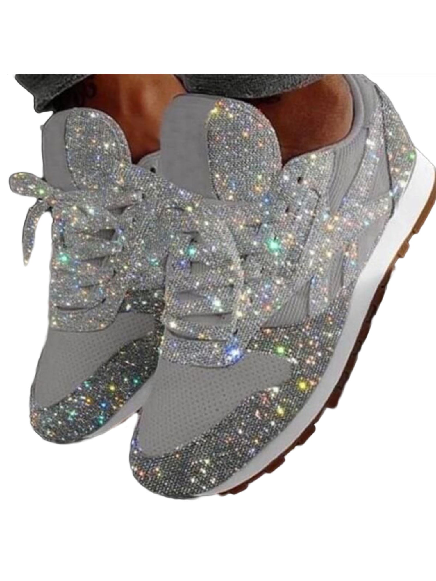Women Lightweight Glitter Sequin Sneaker Fashion Lace-Up Walking Shiny shoes