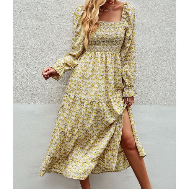 Vestido Con Hombros Descubiertos, Hombros Descubiertos Una Línea Vestido Midi Fluido Estampado Floral Escote Cuadrado Dividido Para Cita Para Mujer ANGGREK GI1711