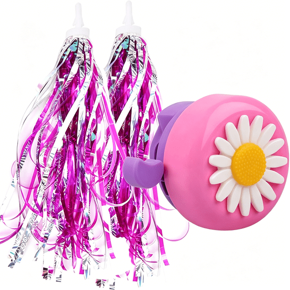 LADYGYM Kids Streamers and Bike Bell for Girls-1 Pack Flower Bicycle Bell with 2 Pack Handlebar Streamers Scooter Tassels for Children'S Bike Accessories