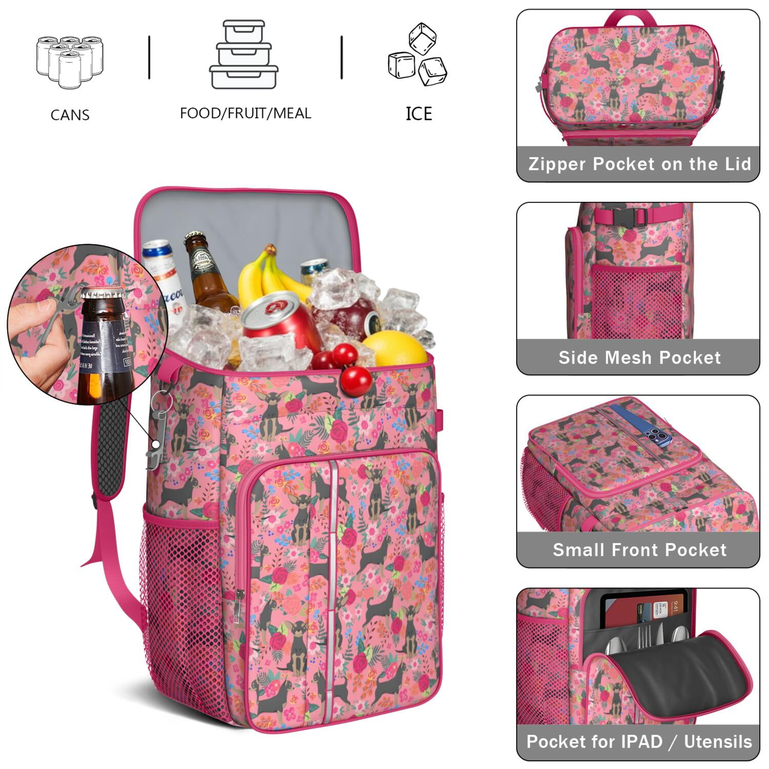 Travel Cooler Bag - Chihuahua and Flower Florals Camping Beer Cooler Backpack with Bottle Opener- Waterproof Insulated Picnic Backpacks - Cooler Bag for Beach