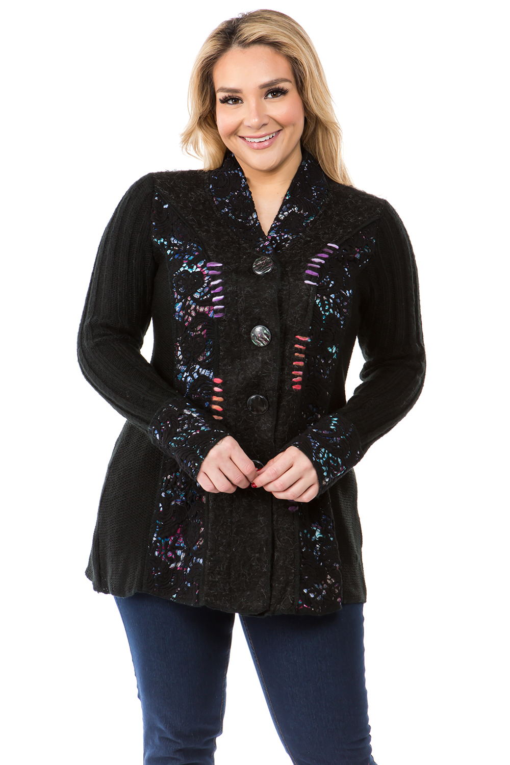 Women's Black Patchwork Lace Button Down Cardigan Coat Sweater - image 1 of 5