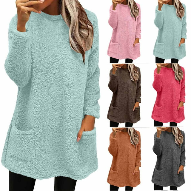 yoeyez Chandails en Peluche pour Femmes d'Hiver en Molleton Duveteux à Enfiler Col Ras du Cou Manches Longues Tunique Chaude Confortable Moelleuse Pyjama Tenue de Détente Haut avec Poches Rose, TG