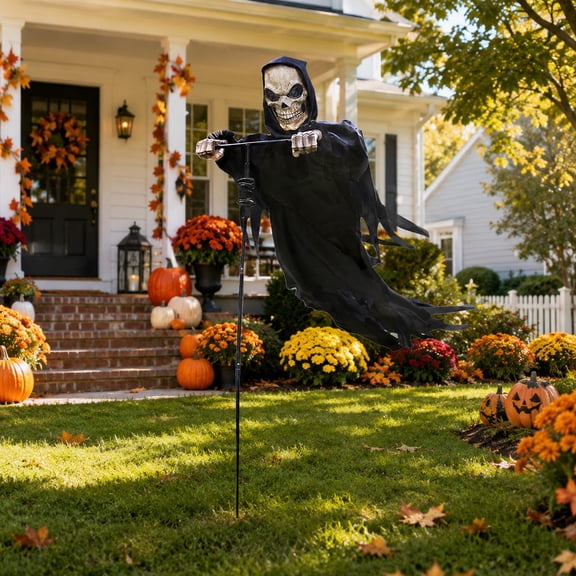 Halloween Outdoor Decor Spooky Floating Ghost, Hooded Skeleton Skull Yard Stake, Tall Lawn Halloween Ornament for Garden Haunted Party