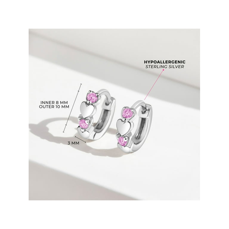 925 Sterling Silver Pink CZ Heart Huggie Hoop Earrings for