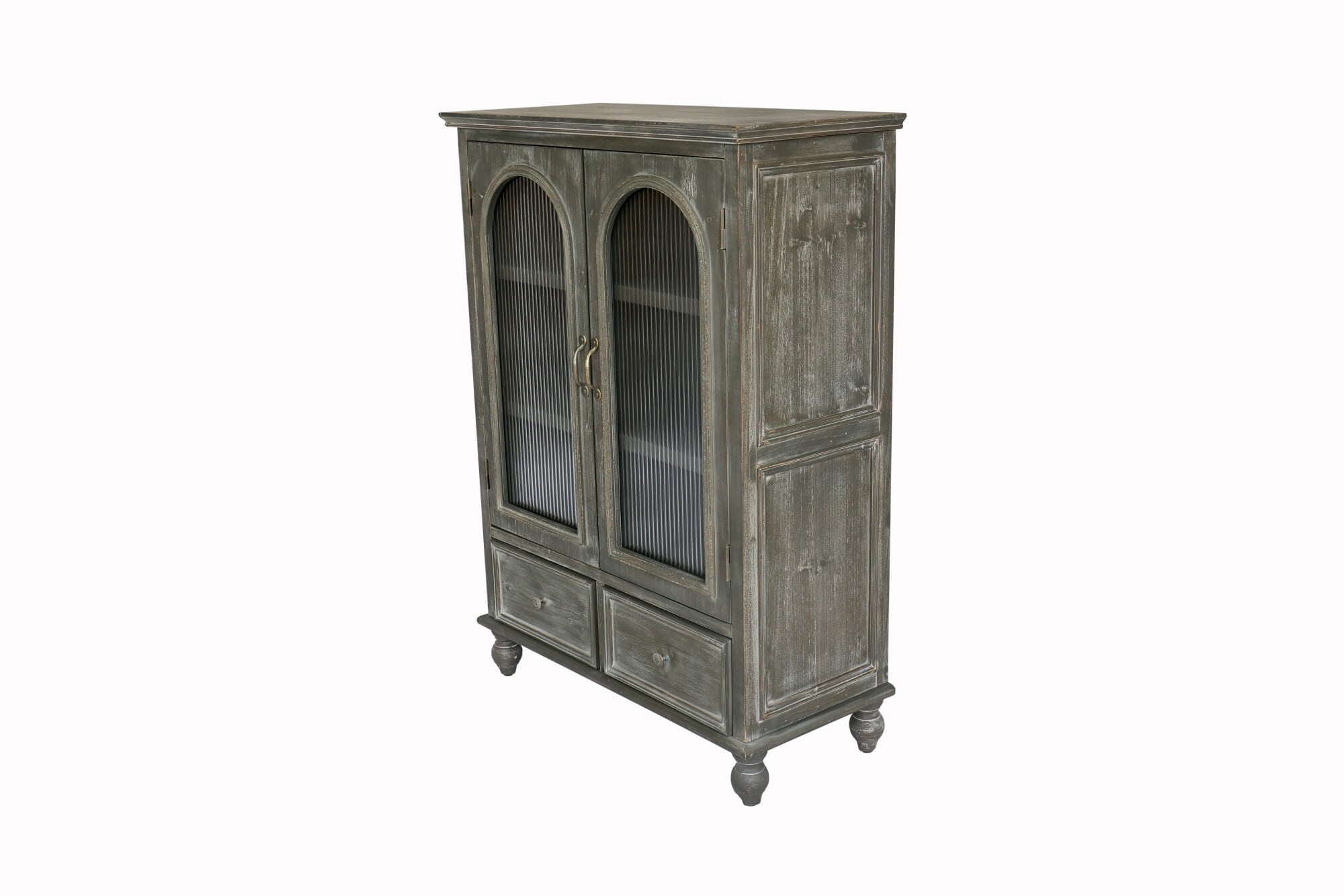 AENKYO 48" Farmhouse Storage Cabinet, Wood Kitchen Pantry with Arched Fluted Glass Doors & 2 Drawers, Gray
