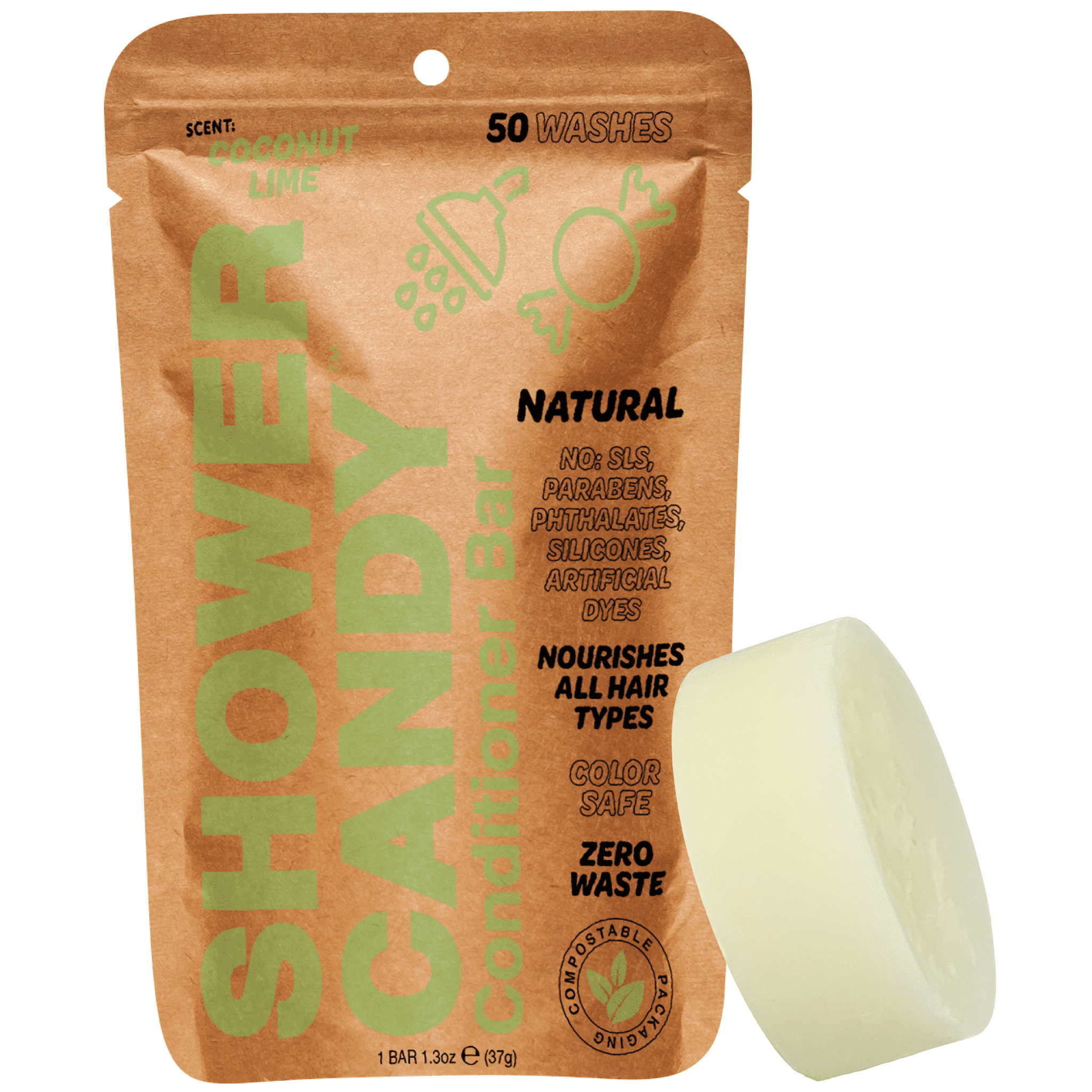 Shower Candy Coconut Lime Conditioner Bar - Natural Ingredients - Plastic-Free - Eco-Friendly - Conditioner Bars For Hair- Phthalate and Paraben-Free Bar Conditioner - Travel Size Hair Care