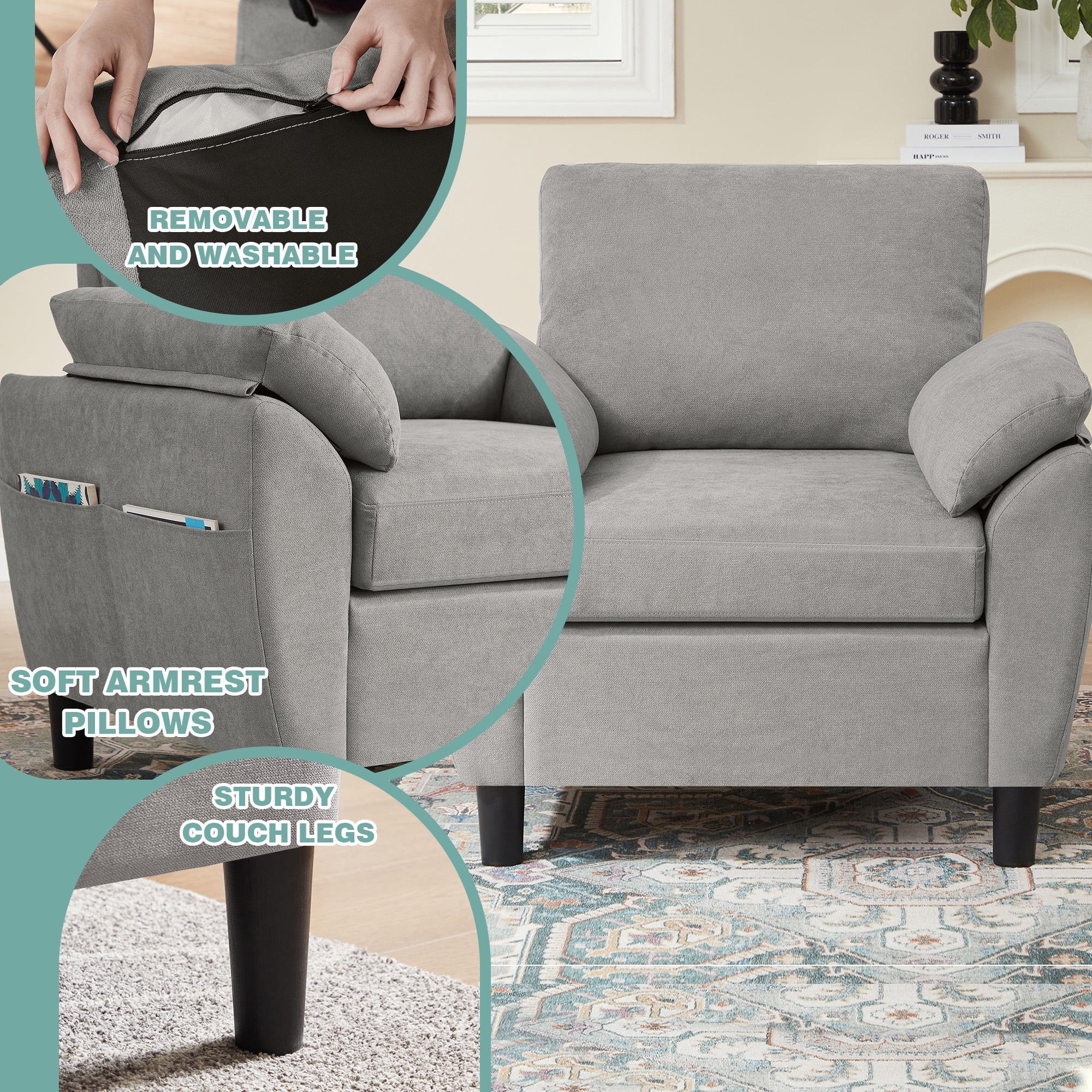 Jarenie Chireca 4 Piece Convertible Sectional Sofa Set, Modern Linen Small L Shaped Couch with Reversible Chaise, 3-Seater Sofa & Loveseat & Armchair for Living Room, Office, Apartment, Lightgrey