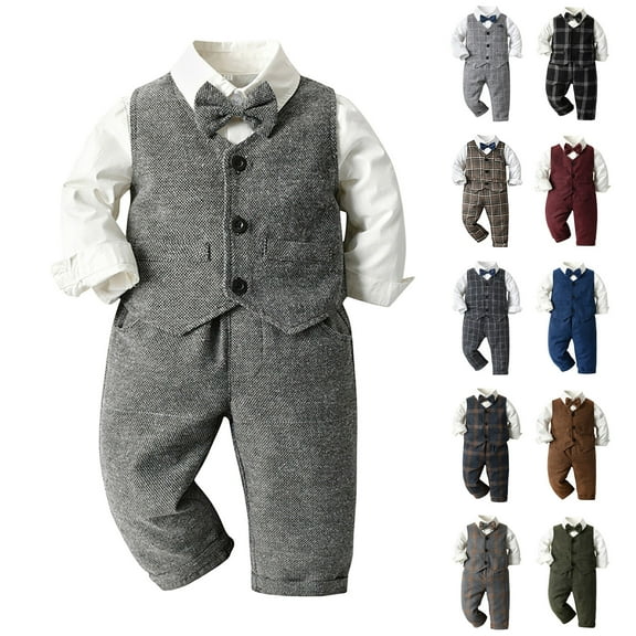 Pandaie Baby Boy Suit Toddler Formal Outfit Kids 3 Piece Vest Gentleman Clothes Long Sleeve Shirt Pants Overalls Set Green 18-24 Months
