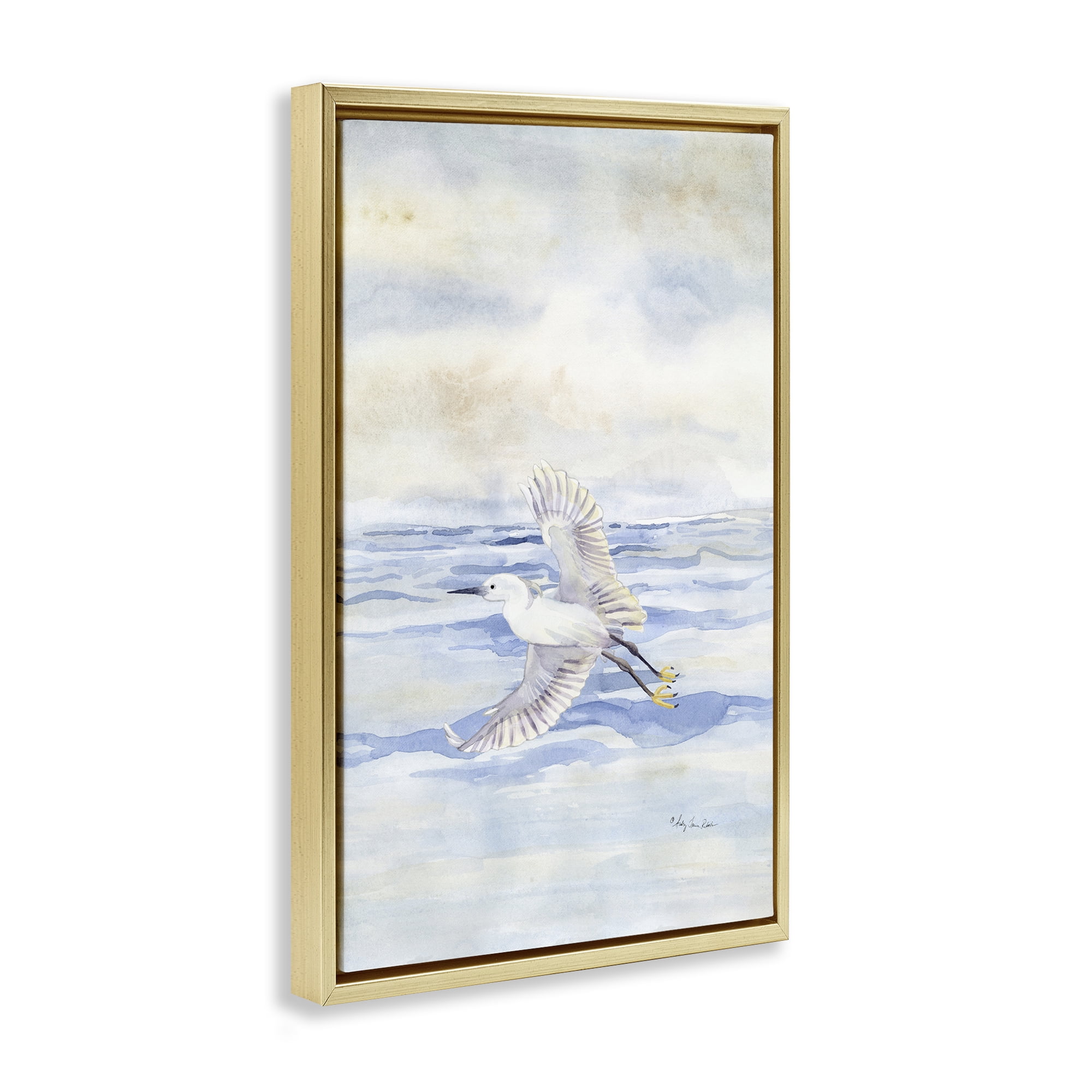 Stupell Industries Flying Heron Over Water Landscape Painting Gold Floater Framed Canvas Art Print Wall Art, 17 x 25