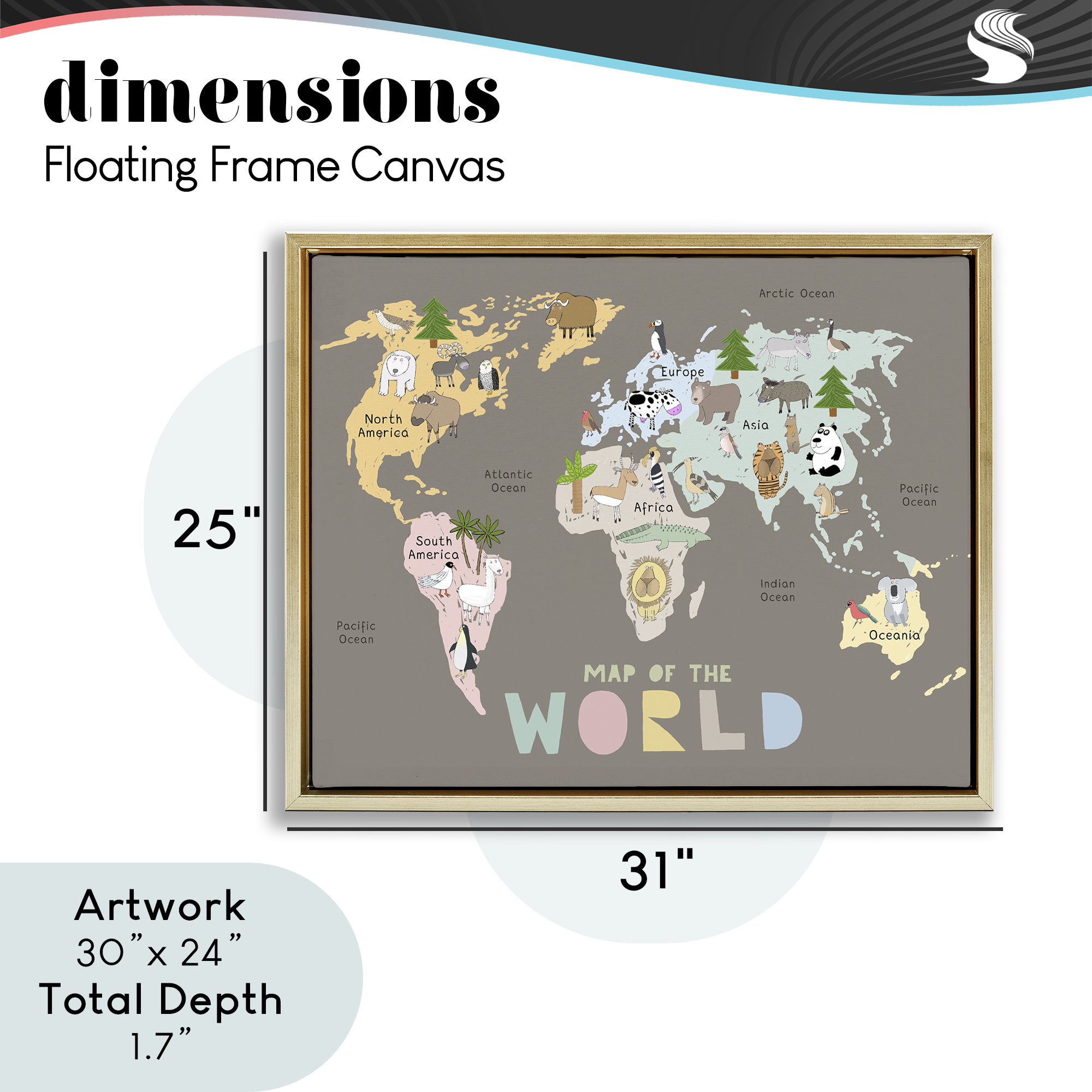 Kid's Map Of World Brown Gold Framed Floater Canvas Wall Art, design by Carla Daly